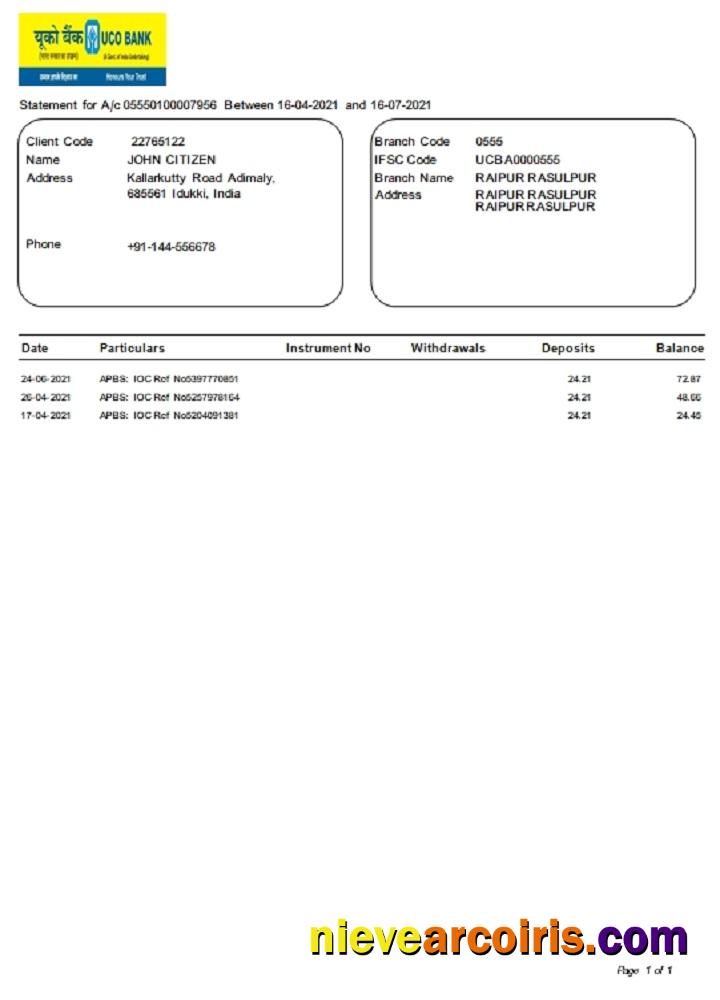 India UCO bank statement in Word and PDF format